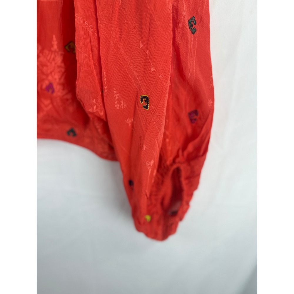 Free People Coral Red Embroidered Boho VNeck Balloon Sleeve Blouse Top Small NWT - Picture 9 of 9